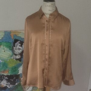 Express Satin Button-Front Blouse in Camel
